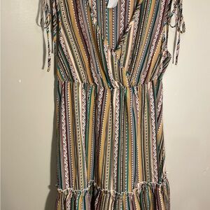 Striped Boutique Boho Midi Dress in Mustard, Teal & Burgundy